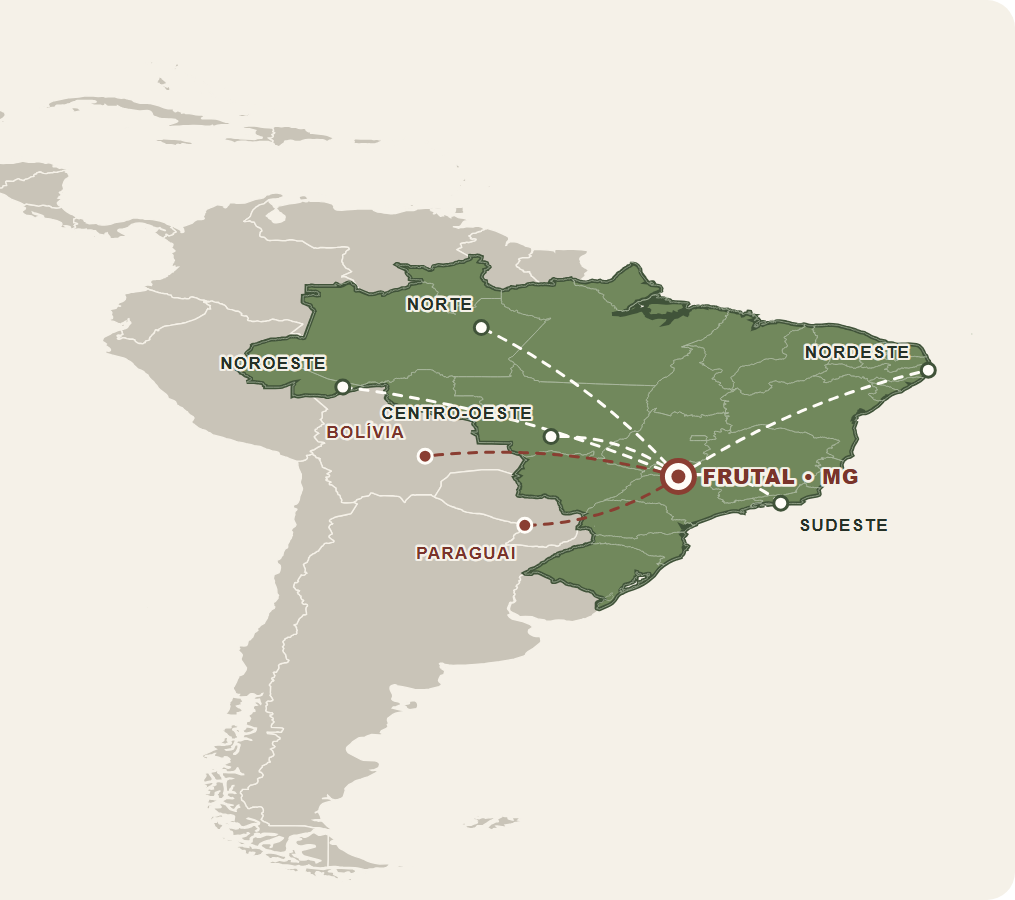 Mapa da América Latina com rotas saindo de Frutal para as regiões brasileiras, Bolívia e Paraguai